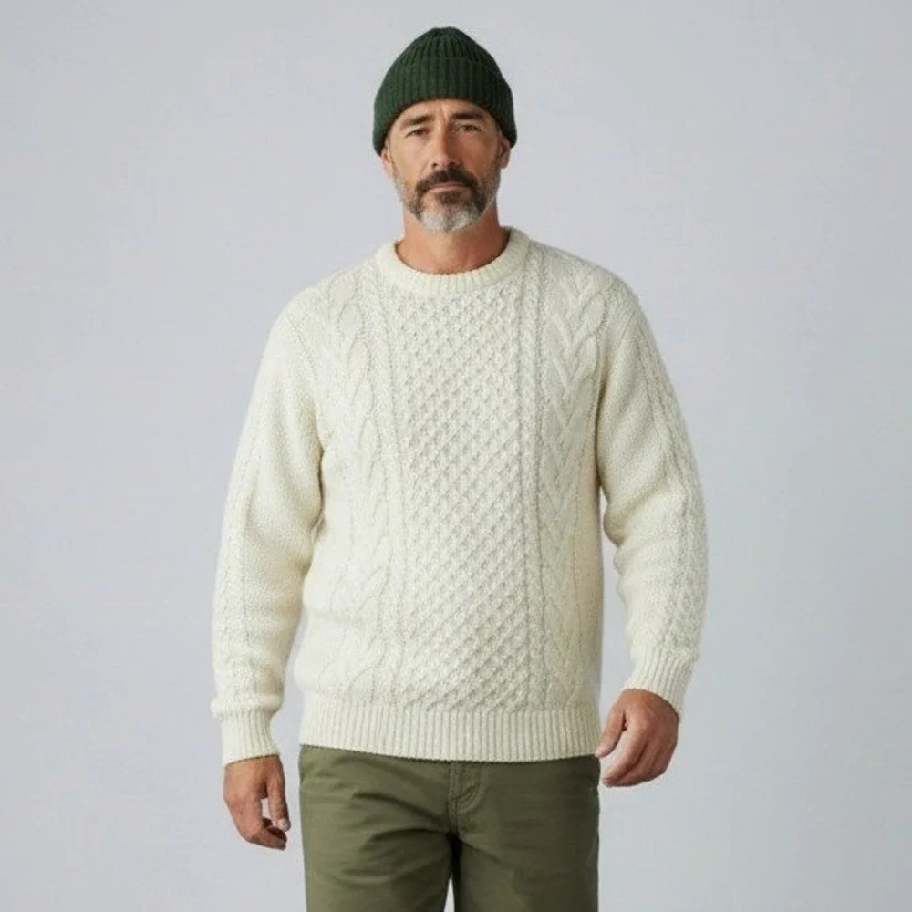 The Irish Store Mens XXL Cream 100% Wool Aran Cable Knit Fisherman Sweater